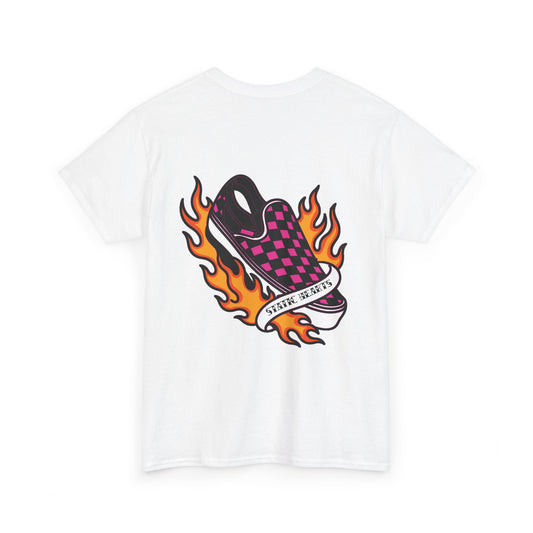 Flaming Checkerboard Skate Shoe T-Shirt alternative graphic t-shirt by Static Hearts inspired by pop punk, emo and horror.