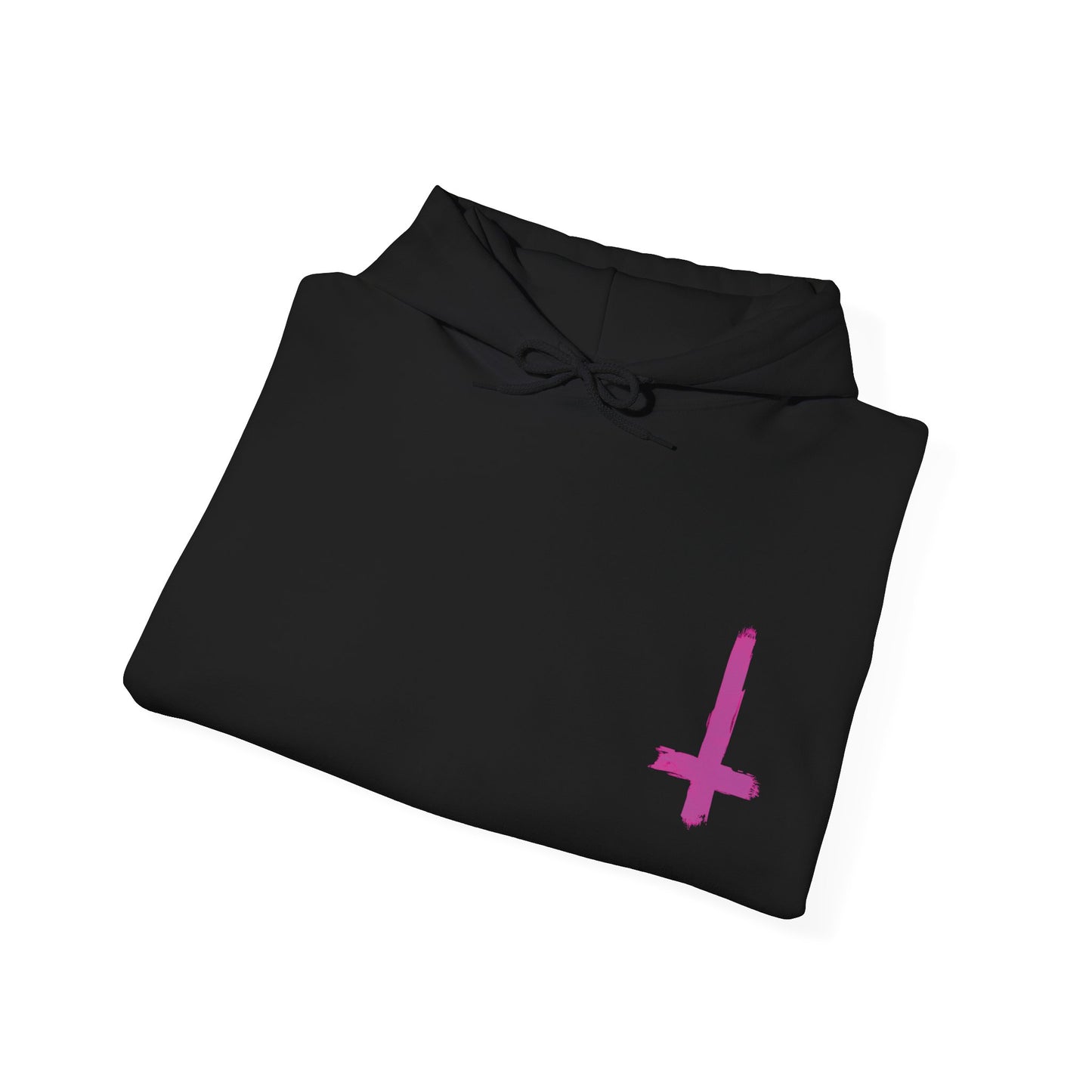 Neon Pink Inverted Cross Hoodie alternative graphic t-shirt by Static Hearts inspired by pop punk, emo and horror.