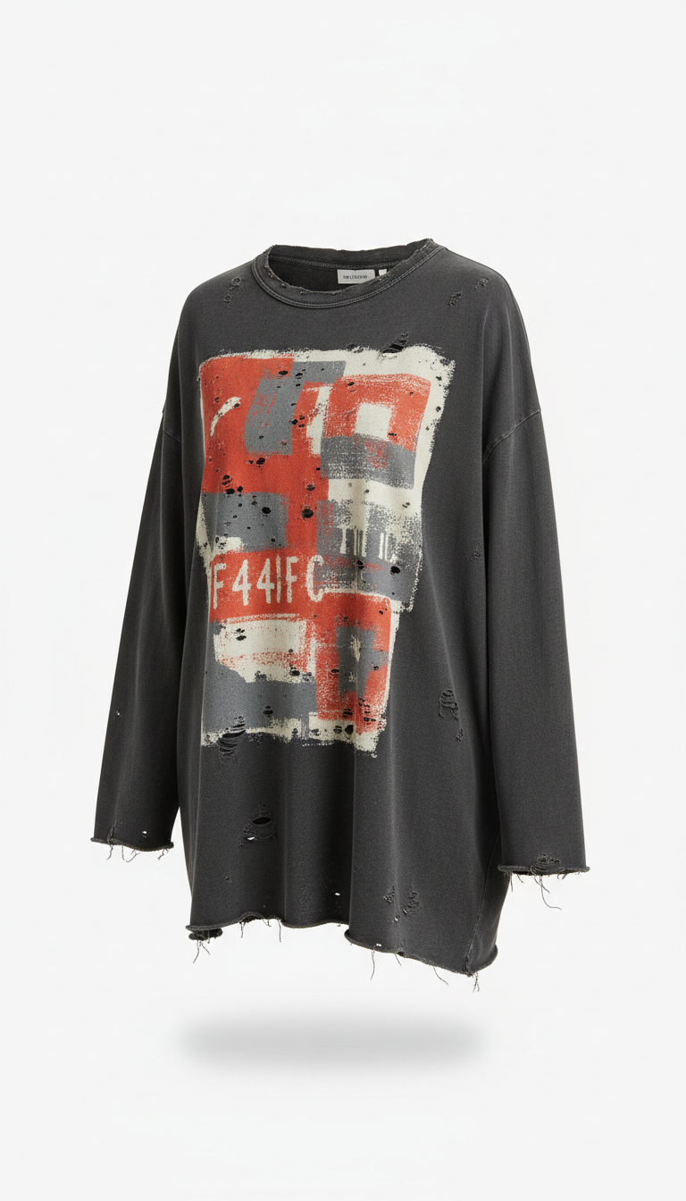 Oversized distressed graphic tee with raw edges
