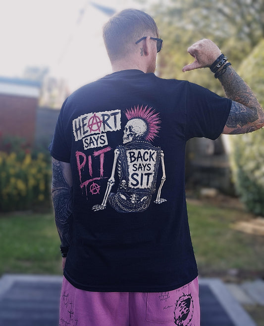 Heart Says Pit, Back Says Sit Punk T-Shirt alternative graphic t-shirt by Static Hearts inspired by pop punk, emo and horror.