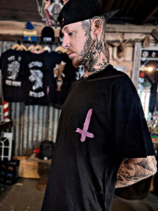 Neon Pink Inverted Cross T-Shirt alternative graphic t-shirt by Static Hearts inspired by pop punk, emo and horror.