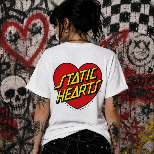 Static Hearts Skateboard T-Shirt alternative graphic t-shirt by Static Hearts inspired by pop punk, emo and horror.