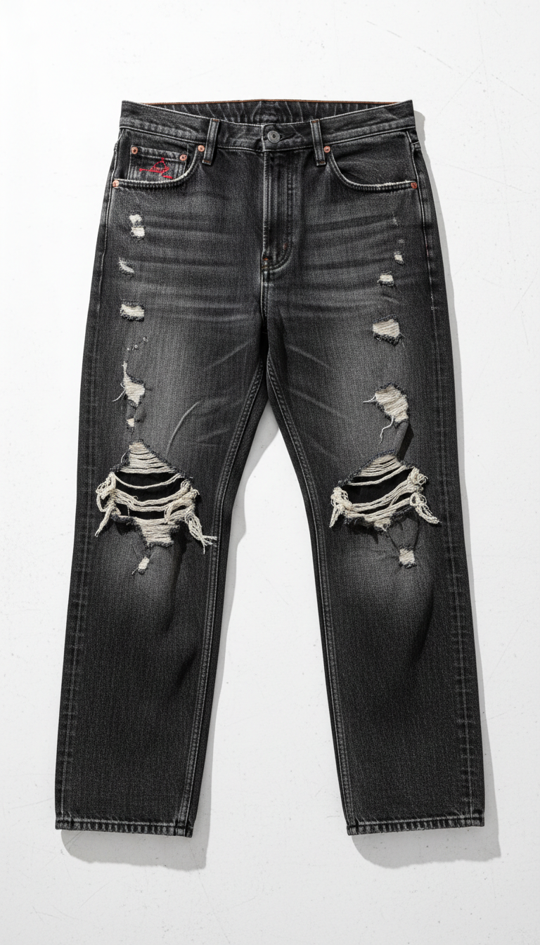 Faded ripped denim jeans with exposed threads