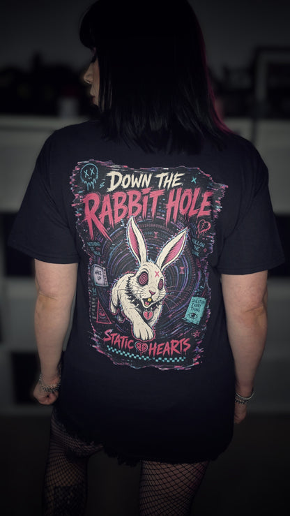 Down the Rabbit Hole T-Shirt alternative graphic t-shirt by Static Hearts inspired by pop punk, emo and horror.
