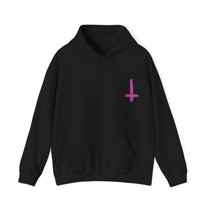 Neon Pink Inverted Cross Hoodie alternative graphic t-shirt by Static Hearts inspired by pop punk, emo and horror.