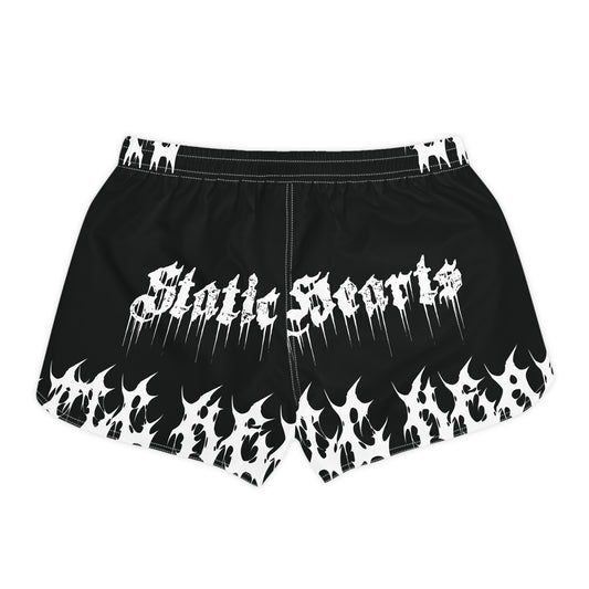 Flame Edge Women's Shorts Sk8te Hearts Graphic by Printify in black with elastic waistband and drawstring