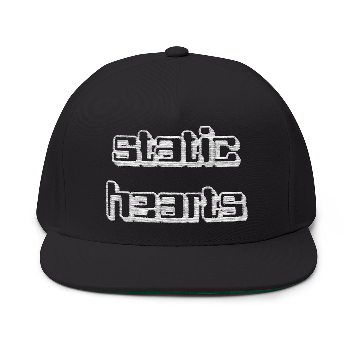 Static Hearts Digital Snapback by Printify embroidered flatbill cap in black with digital graphic front panel