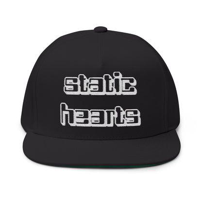 Static Hearts Digital Snapback by Printify embroidered flatbill cap in black with digital graphic front panel