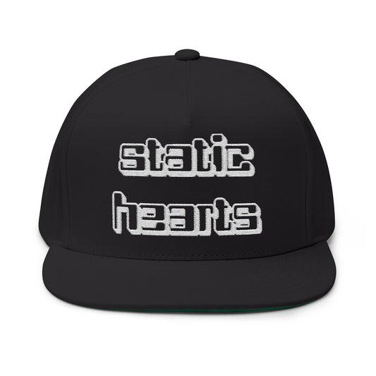 Static Hearts Digital Snapback by Printify embroidered flatbill cap in black with digital graphic front panel