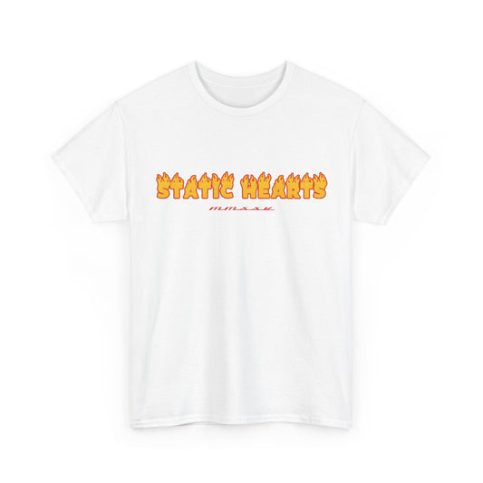 Flame Design T-Shirt by Printify, unisex graphic cotton blend jersey in white with flame print design