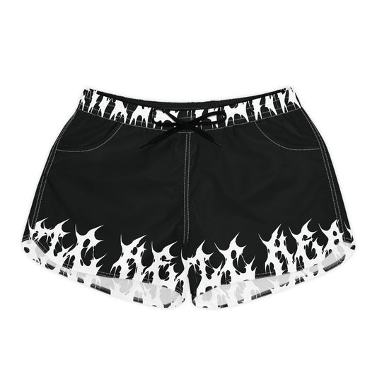 Flame Edge Women's Shorts Sk8te Hearts Graphic by Printify in black with drawstring and two side pockets