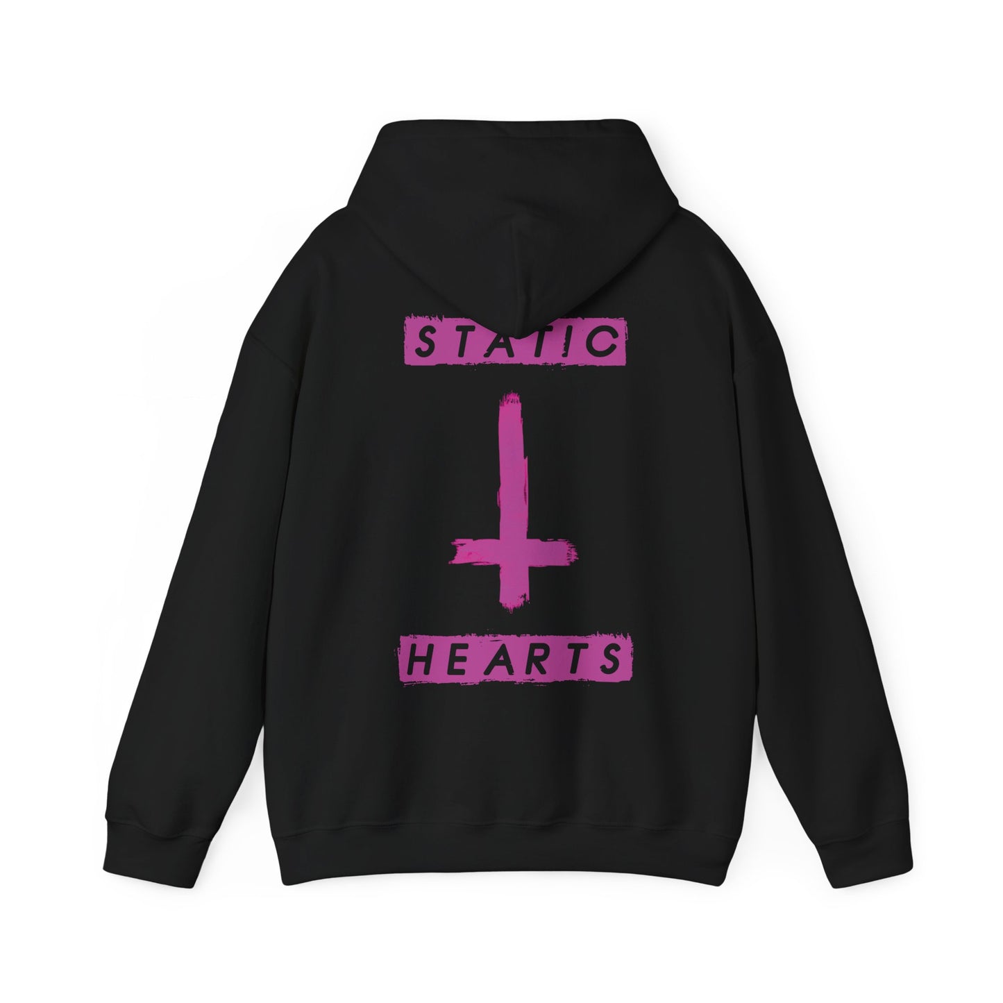 Neon Pink Inverted Cross Hoodie alternative graphic t-shirt by Static Hearts inspired by pop punk, emo and horror.
