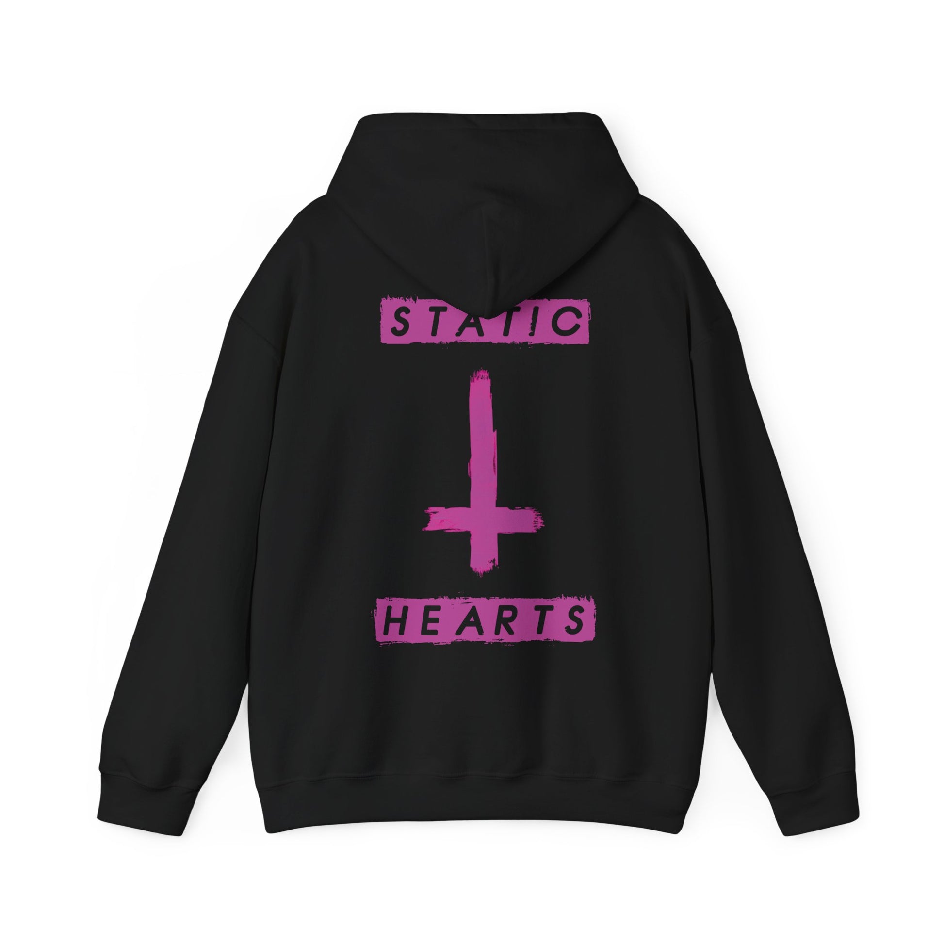 Neon Pink Inverted Cross Hoodie alternative graphic t-shirt by Static Hearts inspired by pop punk, emo and horror.