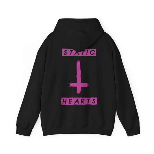 Neon Pink Inverted Cross Hoodie alternative graphic t-shirt by Static Hearts inspired by pop punk, emo and horror.