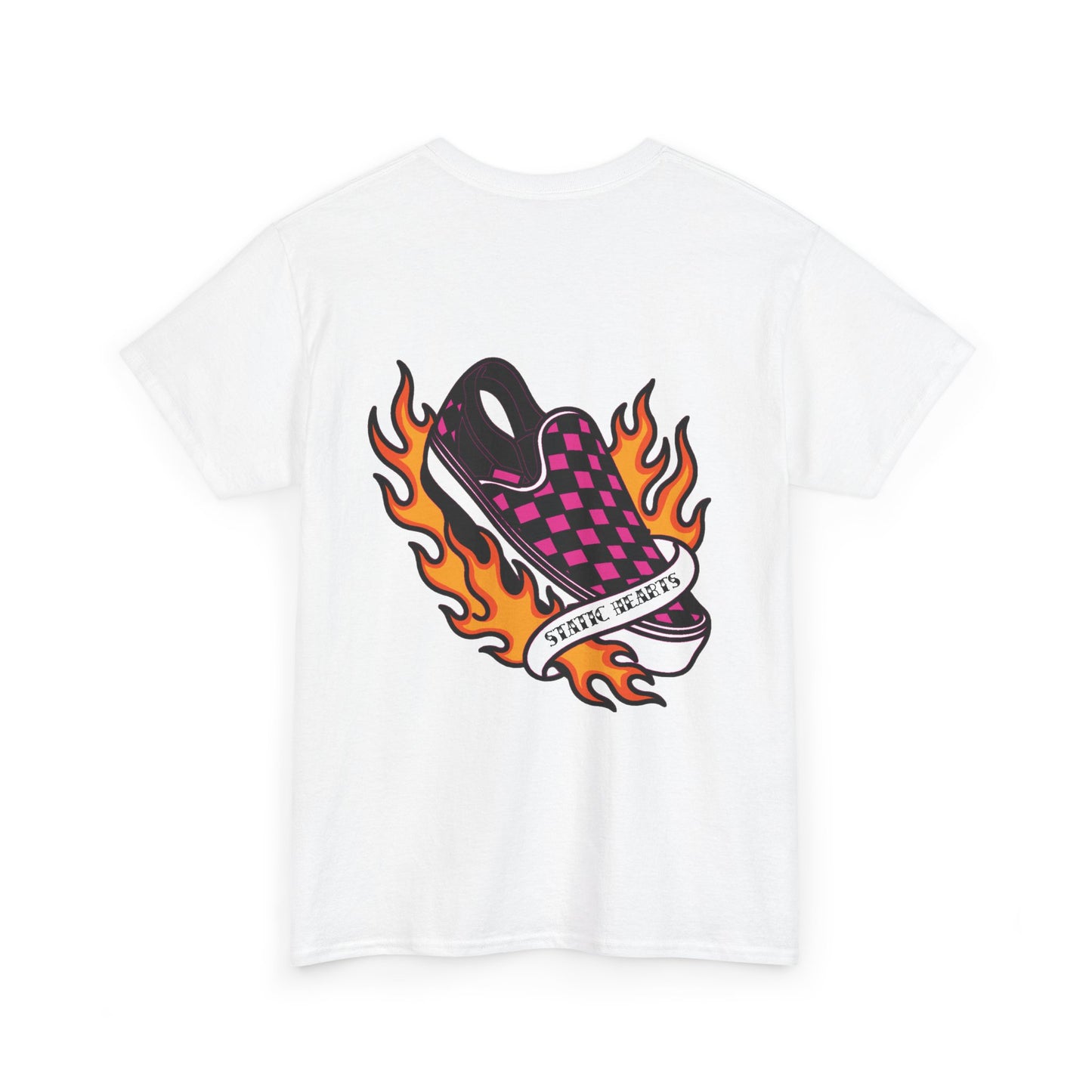 Flaming Checkerboard Skate Shoe T-Shirt alternative graphic t-shirt by Static Hearts inspired by pop punk, emo and horror.