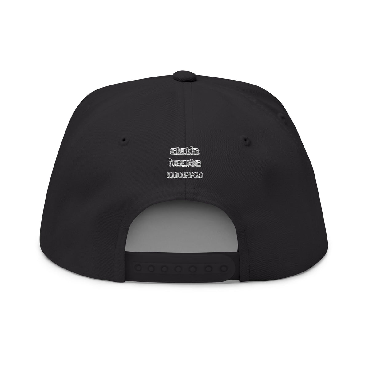 Static Hearts Digital Snapback by Printify, black embroidered flatbill cap with digital graphic front panel