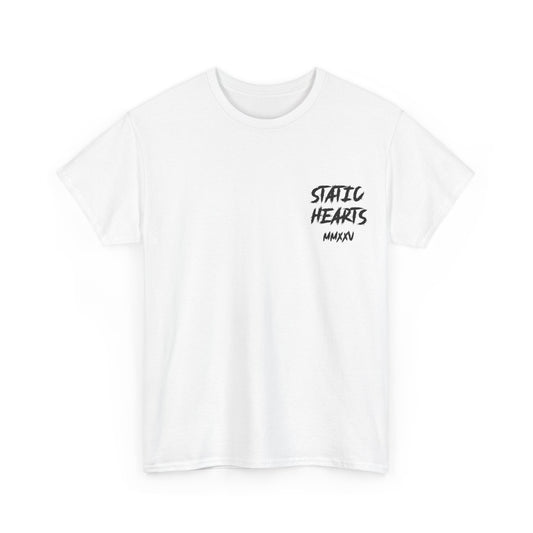 Bite Me T-Shirt by Printify, white crew neck t-shirt with black Staytic Hears graphic print