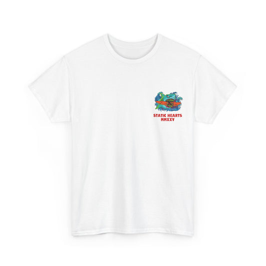 Dead in the Water T-Shirt by Printify, white crew neck graphic cotton jersey with DTG printed neck label