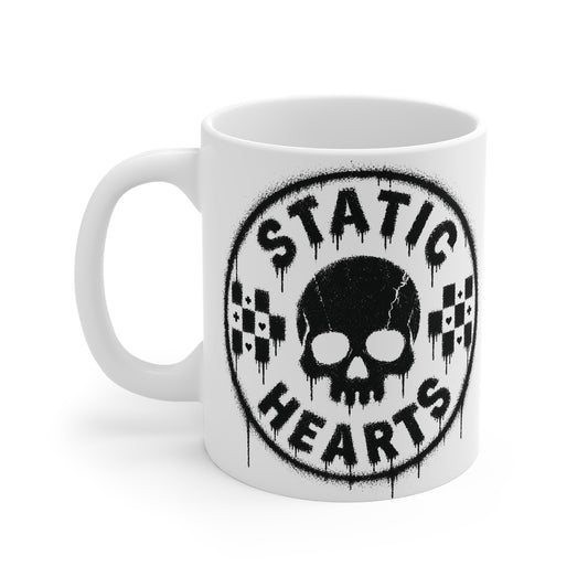 Static Hearts Skull Coffee Mug alternative graphic t-shirt by Static Hearts inspired by pop punk, emo and horror.