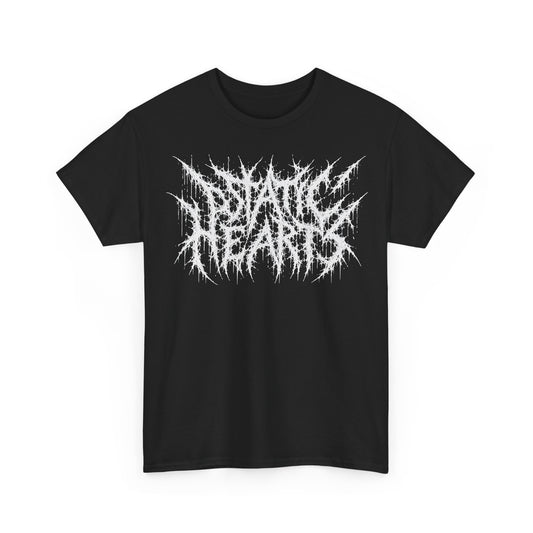Deathcore Logo T-Shirt by Printify, unisex graphic band t-shirt in black with distressed white logo print