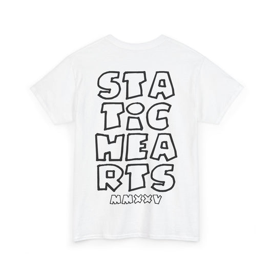 Static Hearts Scene T-Shirt by Printify, white unisex graphic tee with bold heart print design