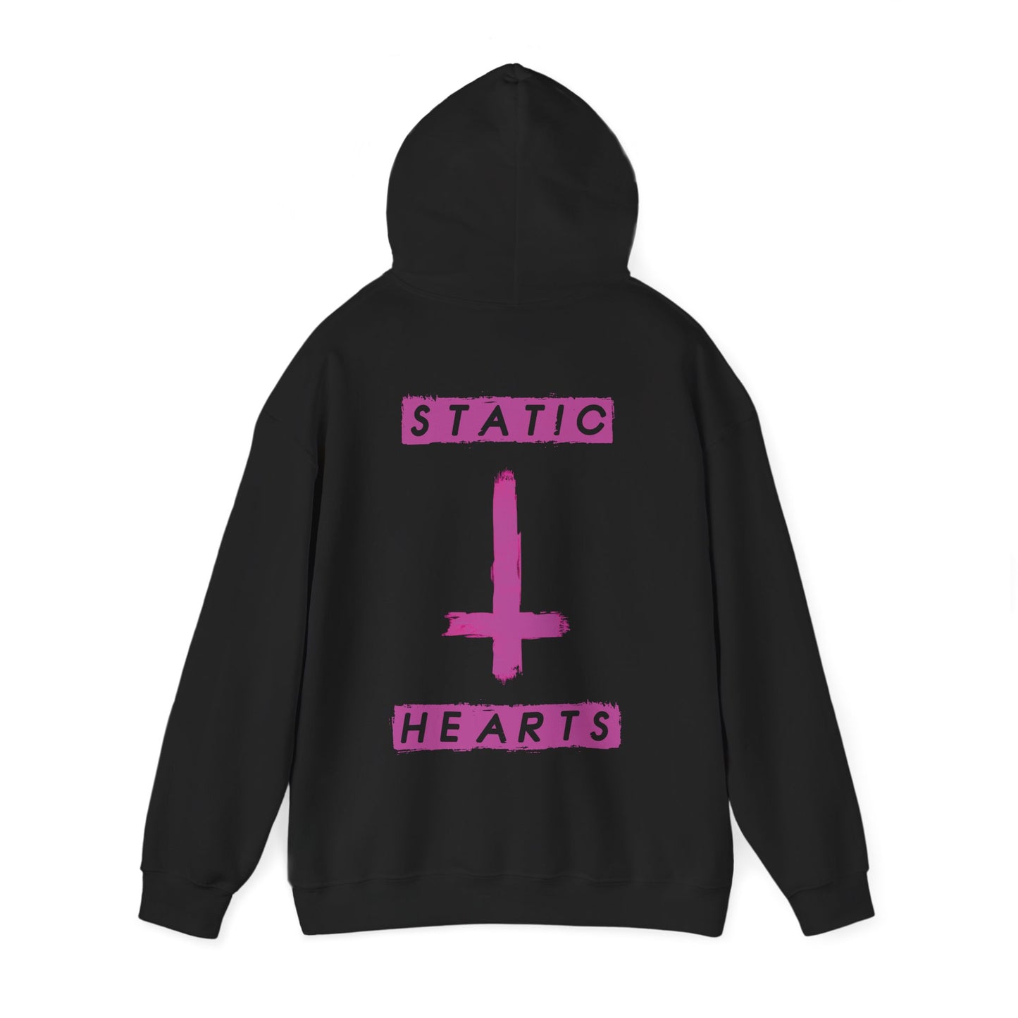 Neon Pink Inverted Cross Hoodie alternative graphic t-shirt by Static Hearts inspired by pop punk, emo and horror.