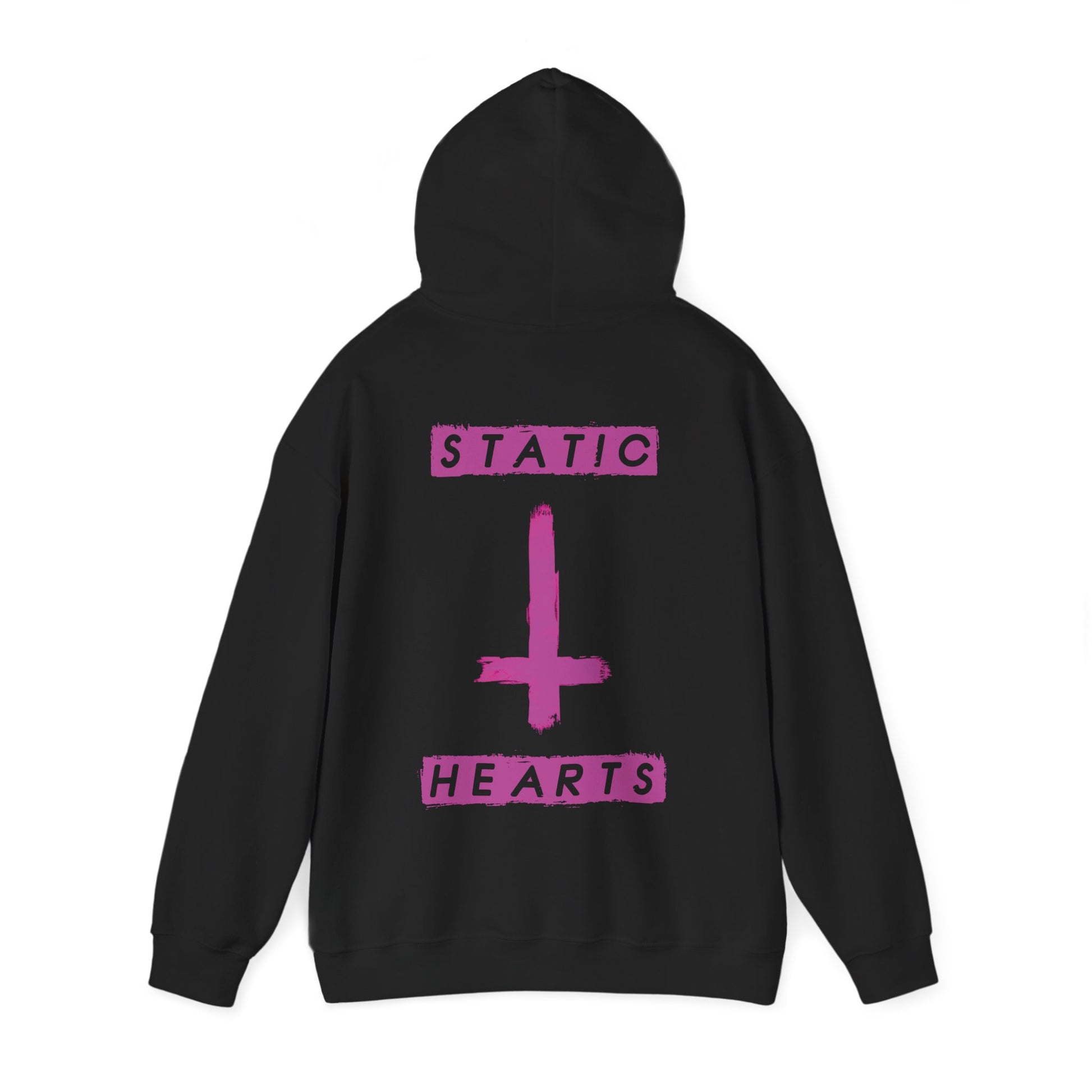 Neon Pink Inverted Cross Hoodie alternative graphic t-shirt by Static Hearts inspired by pop punk, emo and horror.
