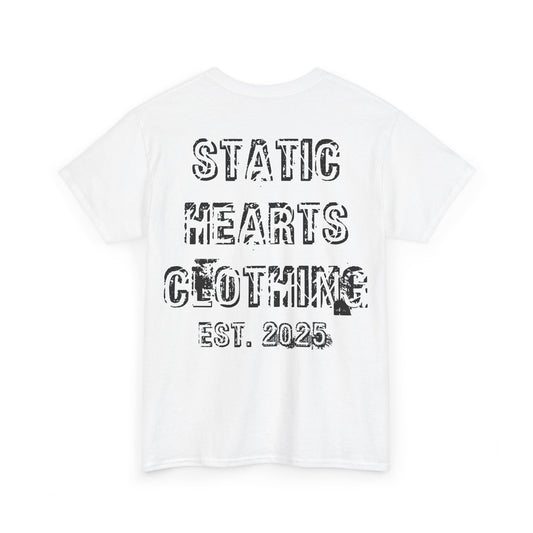 Static Hearts Clothing Distressed Logo T-Shirt by Printify in white cotton jersey with bold distressed graphic print