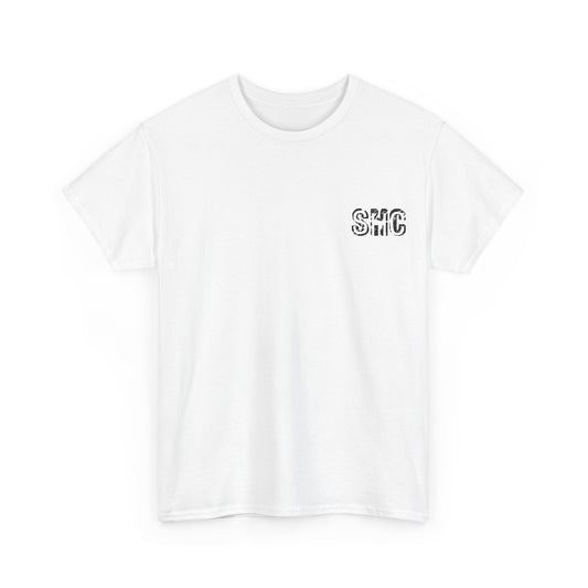 Static Hearts Clothing Distressed Logo T-Shirt by Printify, white cotton jersey with a worn graphic print