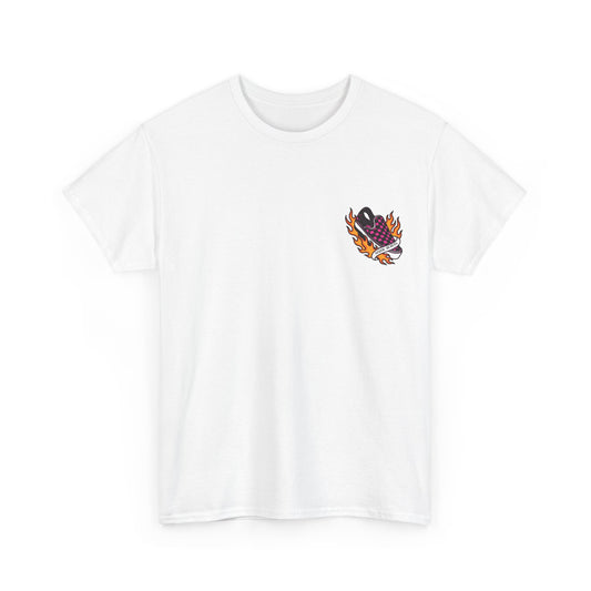 Flaming Checkerboard Skate Shoe T-Shirt alternative graphic t-shirt by Static Hearts inspired by pop punk, emo and horror.