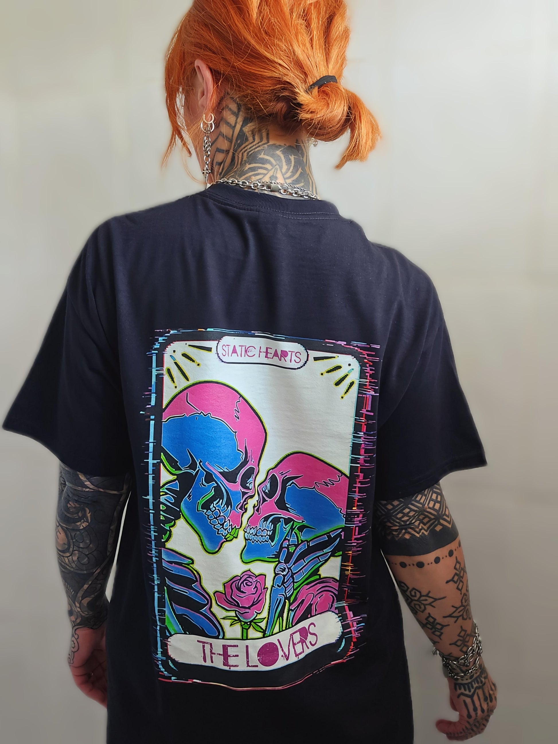 The Lovers Neon Tarot T-Shirt alternative graphic t-shirt by Static Hearts inspired by pop punk, emo and horror.