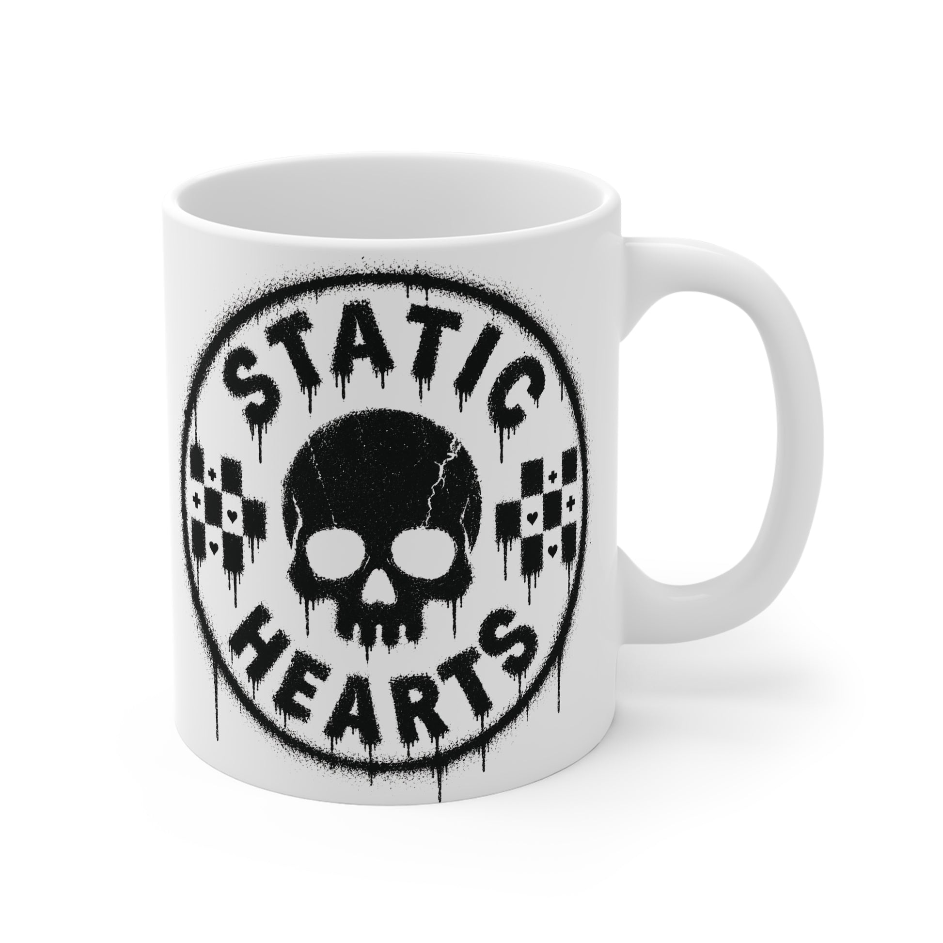 Static Hearts Skull Coffee Mug alternative graphic t-shirt by Static Hearts inspired by pop punk, emo and horror.