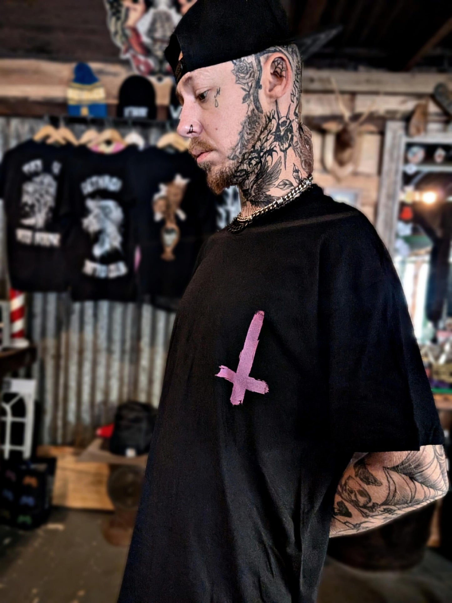 Neon Pink Inverted Cross T-Shirt alternative graphic t-shirt by Static Hearts inspired by pop punk, emo and horror.
