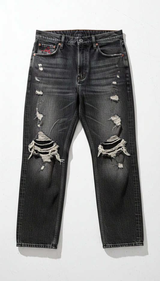Faded ripped denim jeans with exposed threads