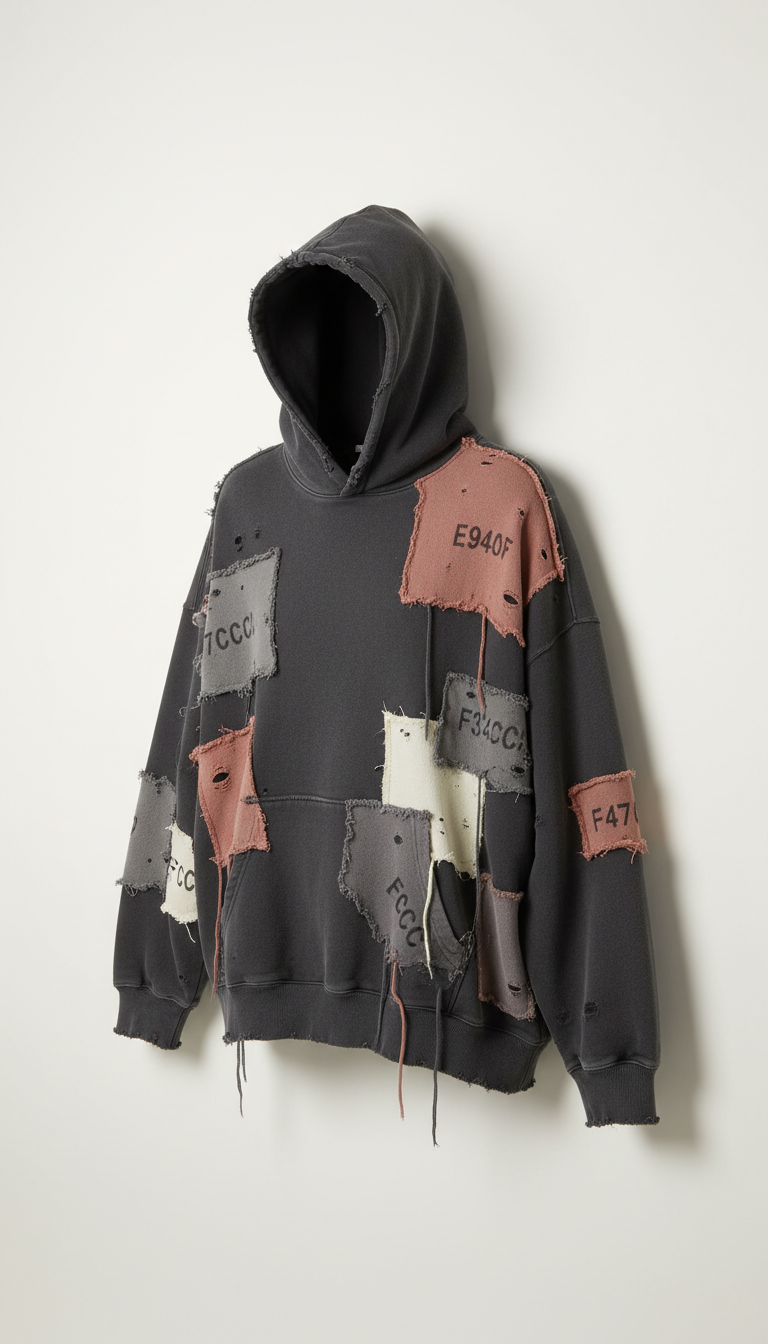 Heavyweight patched hoodie with visible distressing