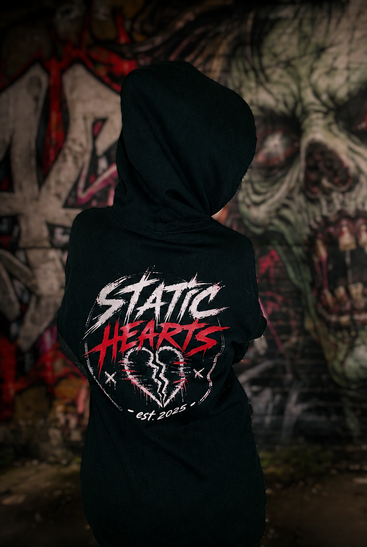 Static Hearts Pullover Hoodie alternative graphic t-shirt by Static Hearts inspired by pop punk, emo and horror.